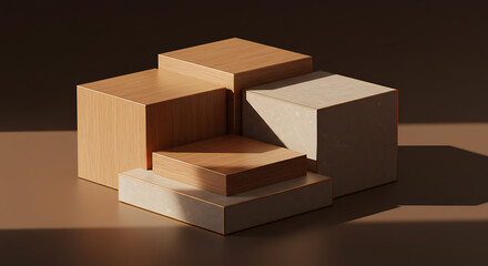 Fototapeta premium Modern Abstract Wooden and Marble Geometric Display Cubes.