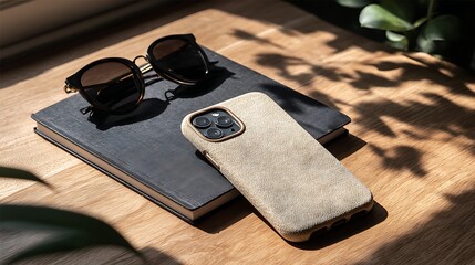 Stylish sunglasses and a textured phone case rest on a book on a wooden table