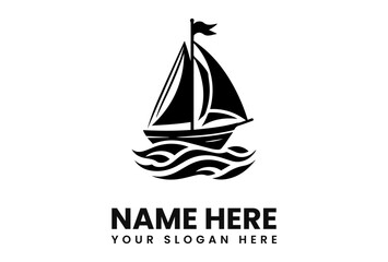 A stylized black and white illustration of a sailboat sailing on waves.