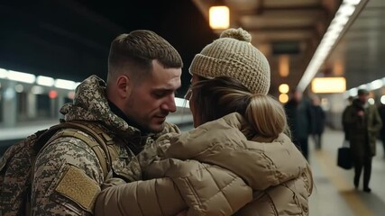 Emotional farewell between a soldier and partner in a warm embrace.