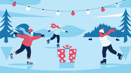Minimal winter ice skating scene with gift box and festive lights in blue color palette