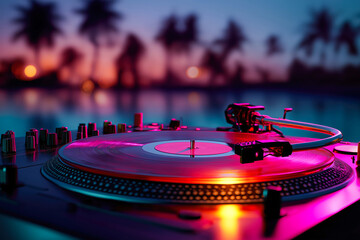 Vibrant sunset party atmosphere with a DJ turntable and palm trees reflecting colorful lights beside a pool