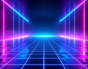 Neon Glowing Lines and Grid Floor Abstract Background