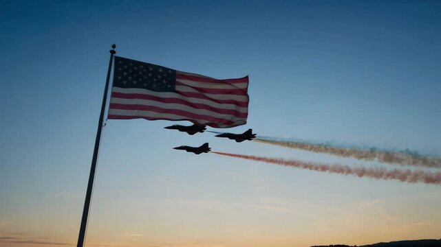 American Flag with Fighter Jets Flying in Tight Formation in Clear Sky
