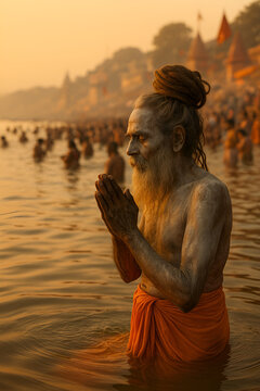 A devout Hindu sadhu performs a holy ritual bath in the sacred Ganges River at Haridwar during a spiritual festival, surrounded by fellow pilgrims in prayer.