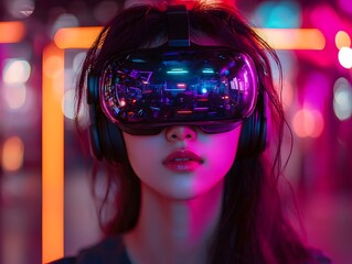 Young woman in virtual reality headset exploring futuristic neon lit workspace