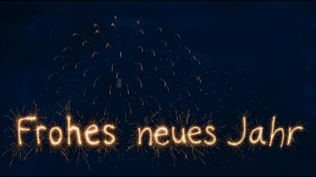 Silvester neujahr feier party gru&szlig;karte banner - frohes neues jahr text deutsch und animiertes feuerwerk, isoliert auf blauem hintergrund, 4k video, uhd, nahtlos schleife, seamless loop