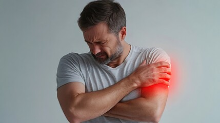 Middle aged man experiencing severe upper arm pain, highlighted in red, holding his arm and grimacing in discomfort, depicting health problems and potential injury
