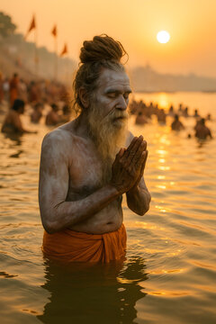 A devout Hindu sadhu performs a holy ritual bath in the sacred Ganges River at Haridwar during a spiritual festival, surrounded by fellow pilgrims in prayer.