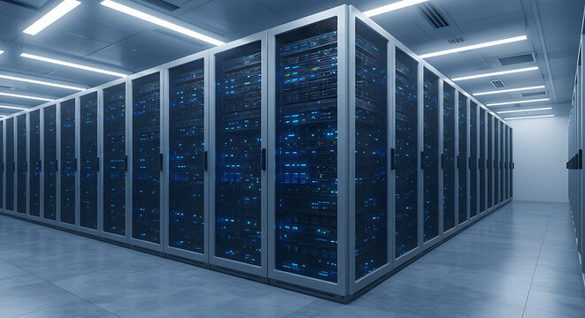 Modern Data Center Server Room with Illuminated Racks.