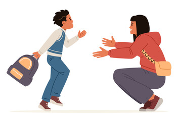 Happy Asian mother meeting primary school son running in uniform with backpack from school flat vector illustration isolated on white.