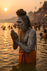 A devout Hindu sadhu performs a holy ritual bath in the sacred Ganges River at Haridwar during a spiritual festival, surrounded by fellow pilgrims in prayer.