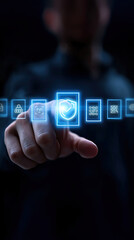 Person interacts with digital interface, selecting glowing shield icon, symbolizing cybersecurity and data protection