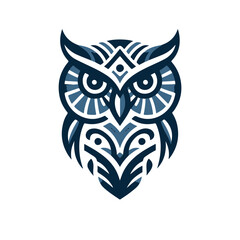 Modern owl face tribal tattoo in dark blue, flat color, white background
