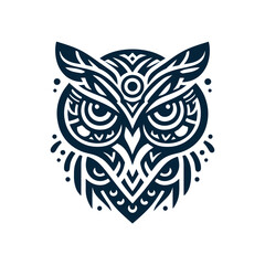 Obraz premium Modern owl face tribal tattoo in dark blue, flat color, white background