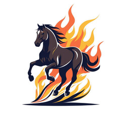 Powerful dark horse with a flowing mane and tail engulfed in vibrant orange and yellow flames