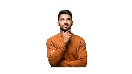 Thinking, face and asian man with decision on isolated, transparent and png background. Why, questions and male person with doubt emoji for choice, consider or confused by solution or problem solving
