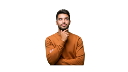 Thinking, face and asian man with decision on isolated, transparent and png background. Why, questions and male person with doubt emoji for choice, consider or confused by solution or problem solving