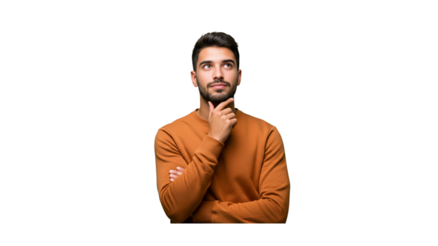 Thinking, face and asian man with decision on isolated, transparent and png background. Why, questions and male person with doubt emoji for choice, consider or confused by solution or problem solving
