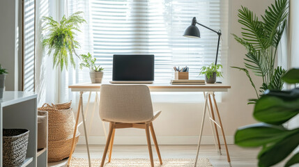 A contemporary home office with a minimalist desk, comfortable chair, laptop, and plants for a clean and fresh look. —ar 16:9 