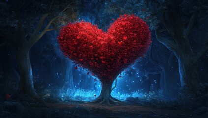 Enchanted forest of love a heart shaped tree glowing with romance and dreams