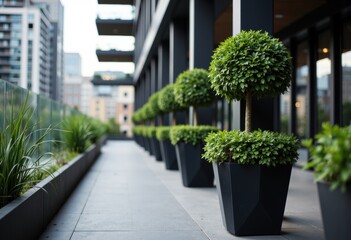 Fototapeta premium Modern urban balcony with neatly arranged potted trees and plants for outdoor decor