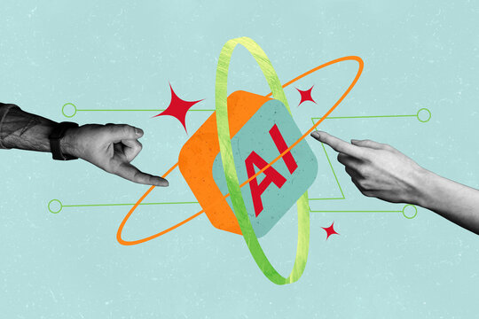 Creative full artwork collage of hands point index finger artificial intelligence app software innovation modern cyber icon