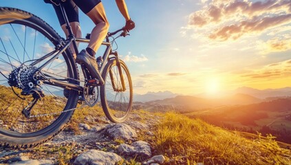 Fototapeta premium Mountain biking adventure at sunset in the beautiful nature landscape