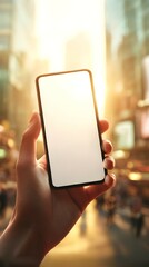 Smart phone with a blank screen on the street, showcasing mobile communication technology