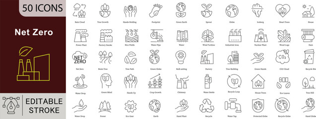Net Zero Line Icons: Eco-Friendly, Carbon Neutral and Green Energy. Editable Stroke