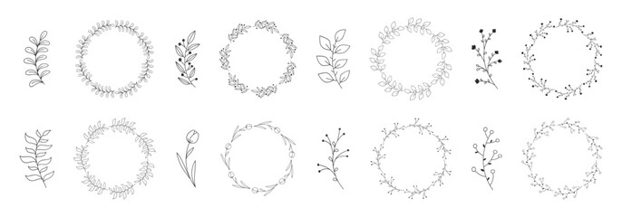 Doodle floral wreaths and branches. Set of black and white botanical wreaths and leaves drawn in minimalist style. Decorative elements for wedding invitations, logos, and greeting cards. Vector 10 EPS