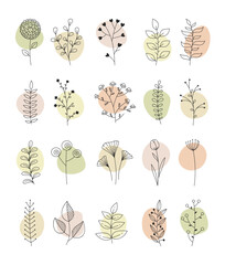 Doodle floral elements on pastel organic shapes. Hand drawn botanical set of whimsical flowers and leaves on soft abstract backgrounds in natural colors. Vector 10 EPS.