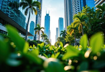 Modern cityscape with tall skyscrapers and lush greenery in an urban environment