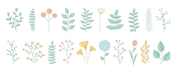 Doodle pastel botanical elements set. Collection of soft-colored hand drawn floral and leaf doodles. Decorative nature-themed illustrations in gentle tones. Vector 10 EPS.