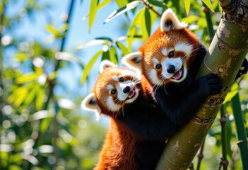 Two playful red pandas climbing a bamboo tree in a vibrant green setting
