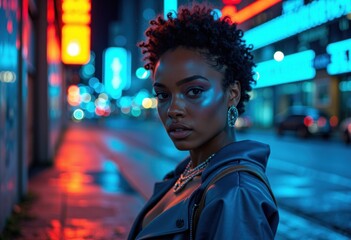 Fototapeta premium Stylish young woman with curly hair in a city at night illuminated by colorful neon lights