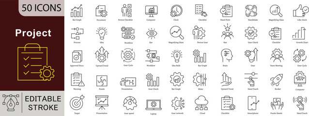 Project Line Icons: Planning, Development and Business Workflow Vectors. Editable Stroke