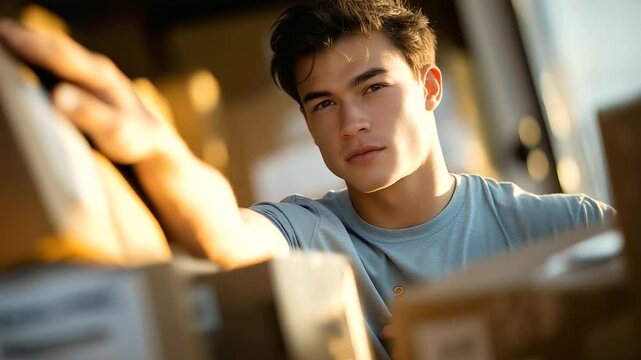 Moving a truck with a box and dolly in warm ambient light