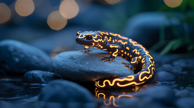 Glow-in-the-dark salamander on a stone, dark water reflection.
