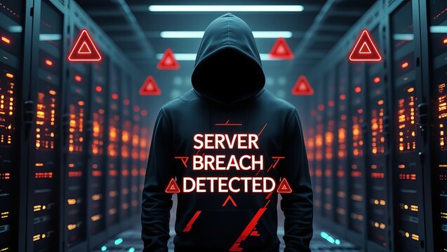 A mysterious figure in a hooded sweatshirt stands in a server room, with the words 'SERVER BREACH DETECTED' illuminated in bold red.