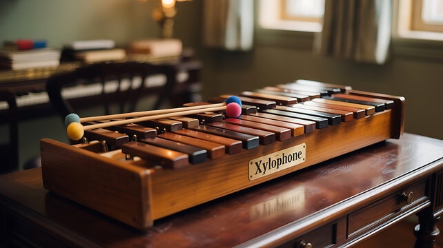 Wooden xylophone sits on a dark wooden table.
