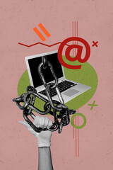 3d pop image vertical art collage of hand wear glove show victory gesture laptop chain addicted trap it specialist occupation