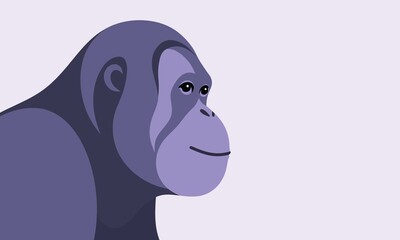 Minimalist illustration of an orangutan in side profile. Flat design with soft purple tones and smooth lines, ideal for wildlife, jungle, or conservation-themed projects.