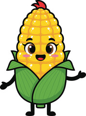 Cute Cartoon Corn Cob Character Illustration, Cheerful Happy Maize Vegetable Mascot Waving, Healthy Organic Farm Produce Design Element for Kids