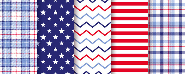 Fototapeta premium Patriotic seamless pattern. 4th July backgrounds. Happy independence textures. Set of holiday geometric prints with stars and stripes. Blue red wrapping paper. Modern wallpaper. Vector illustration.