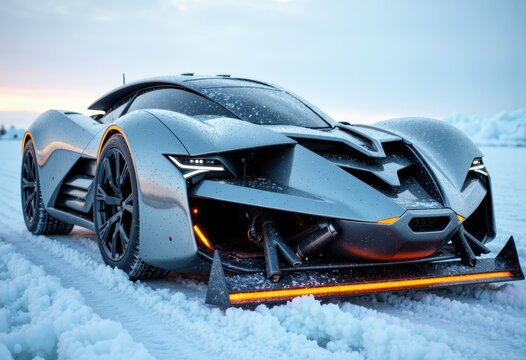 Futuristic silver sports car with sleek design and bright LED lights on snow-covered terrain