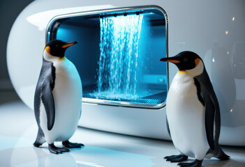 Obraz premium Two penguins stand beside a modern appliance with a water waterfall feature in a sleek setting