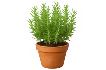 Rosemary herb growing in terracotta pot, verdant sprigs reaching upward, positioned against clean transparent backdrop