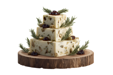 Elegant cheese tower centerpiece adorned with rosemary and olive on transparent backdrop