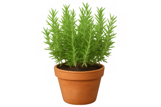 Rosemary herb growing in terracotta pot, verdant sprigs reaching upward, positioned against clean transparent backdrop